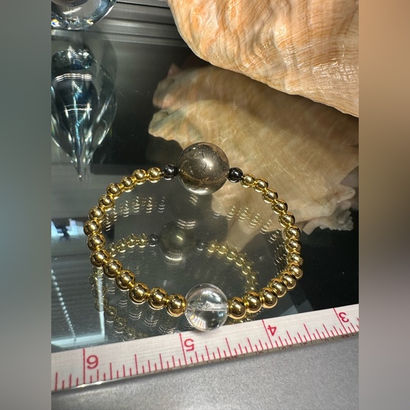 CLEAR  QUARTZ + GOLD-FILLED + PYRITE NATURAL STONES BRACELET size 7” - Picture 16 of 16